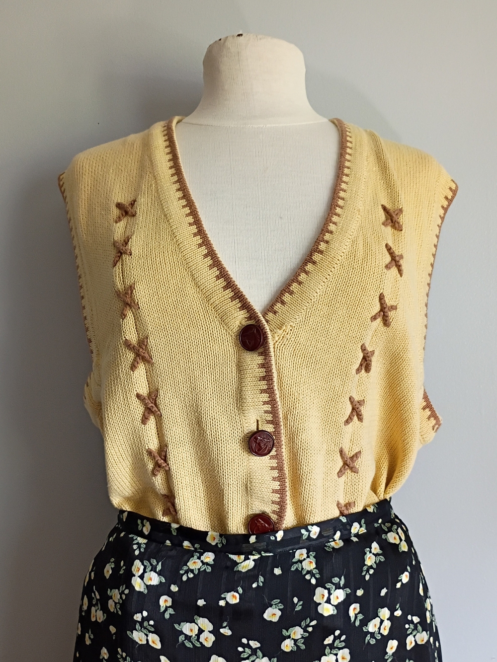 Marisa Christina Yellow V-Neck Knit Sweater Vest with Brown Trim